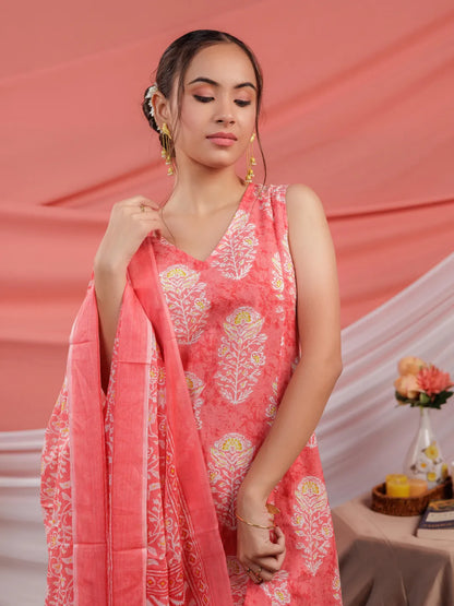 Pink Cotton Floral Print Cotton A Line Kurta Dupatta Set