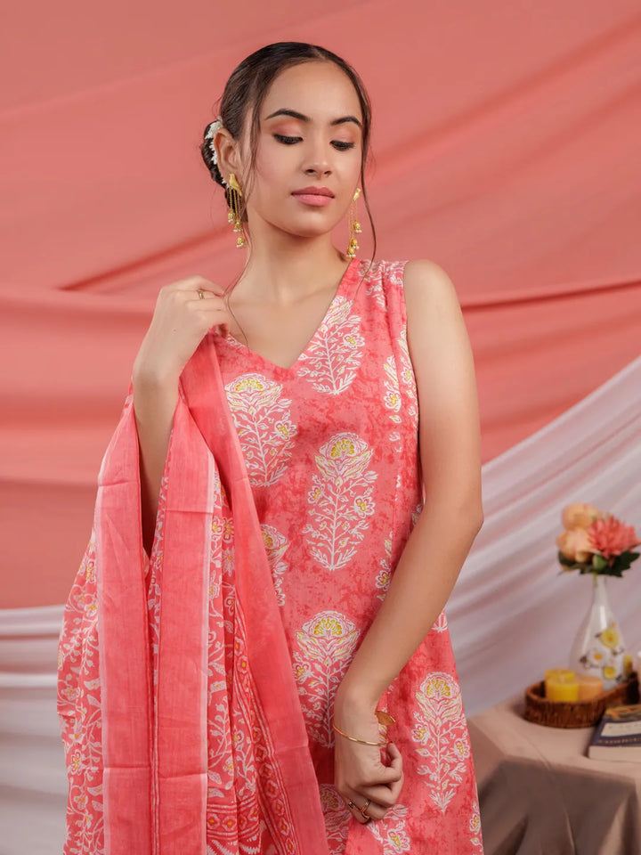 Pink Cotton Floral Print Cotton A Line Kurta Dupatta Set