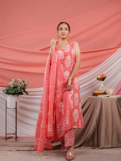 Pink Cotton Floral Print Cotton A Line Kurta Dupatta Set