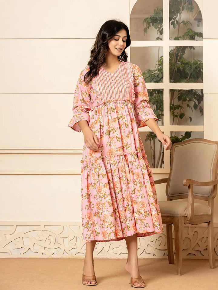 Pink Cotton Floral Print Tiered Dress With Ruffles