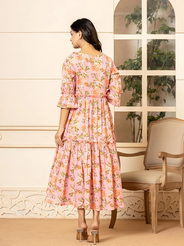 Pink Cotton Floral Print Tiered Dress With Ruffles