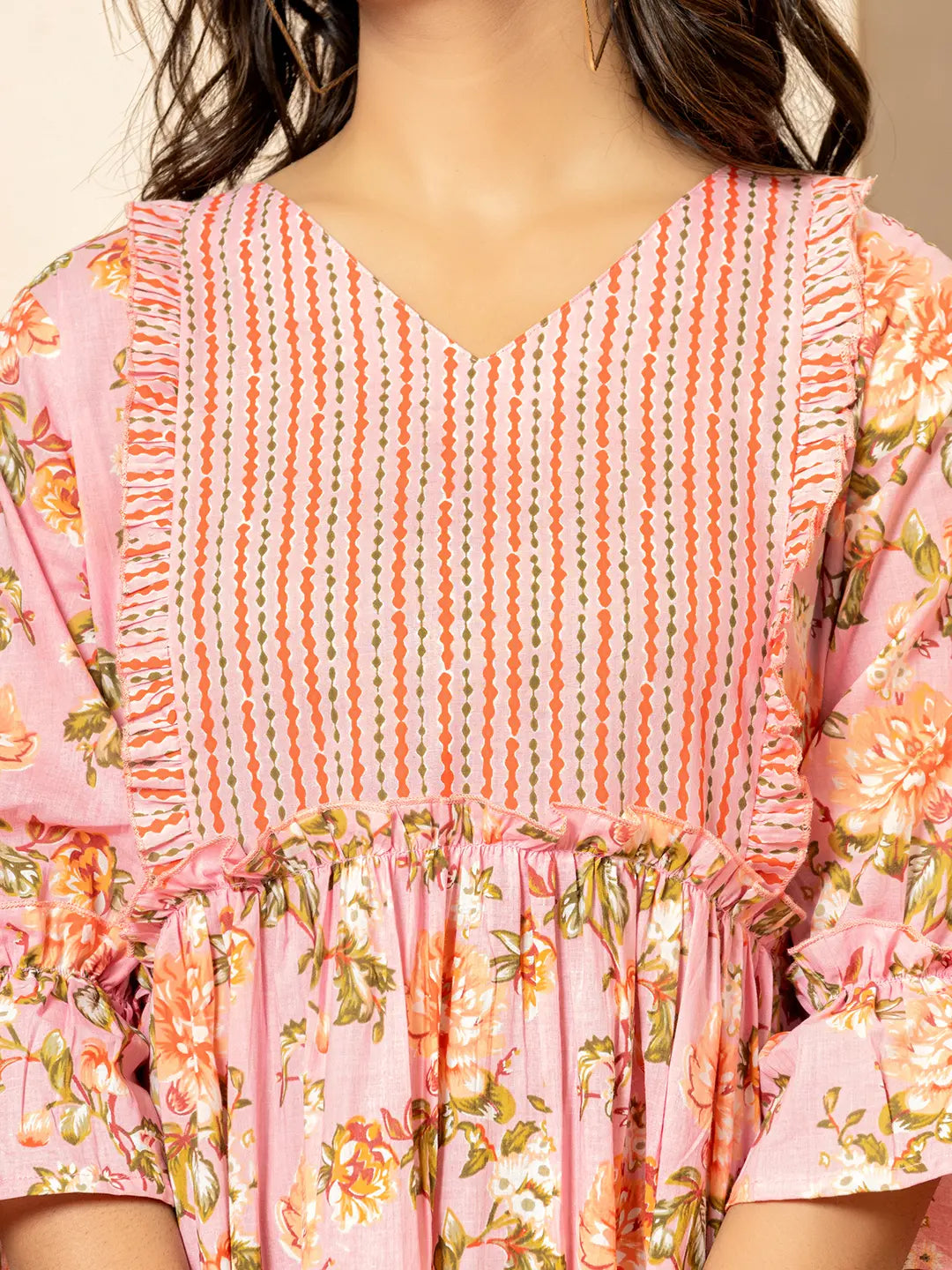Pink Cotton Floral Print Tiered Dress With Ruffles