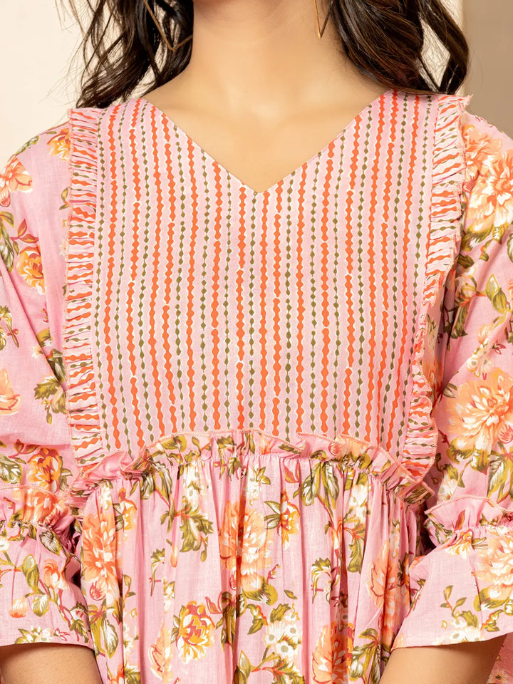 Pink Cotton Floral Print Tiered Dress With Ruffles