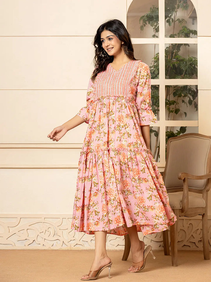 Pink Cotton Floral Print Tiered Dress With Ruffles