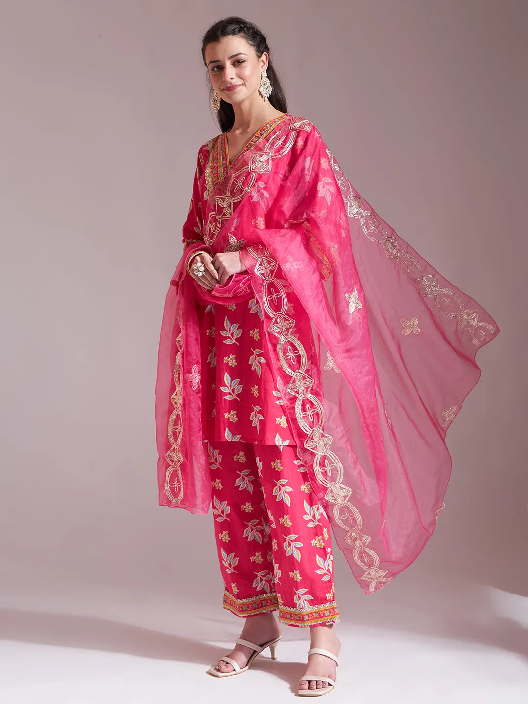Pink Cotton Lace Work Kurta Set With Pant Dupatta