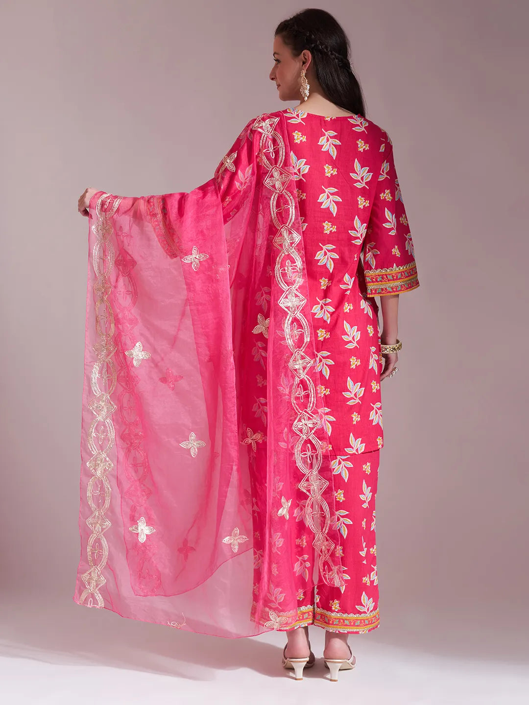 Pink Cotton Lace Work Kurta Set With Pant Dupatta