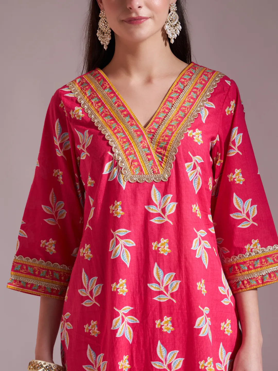 Pink Cotton Lace Work Kurta Set With Pant Dupatta