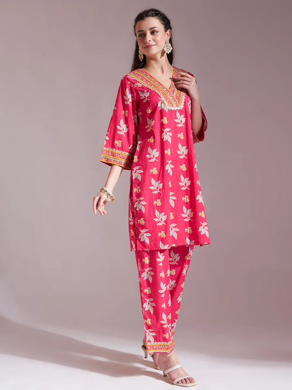 Pink Cotton Lace Work Kurta Set With Pant Dupatta