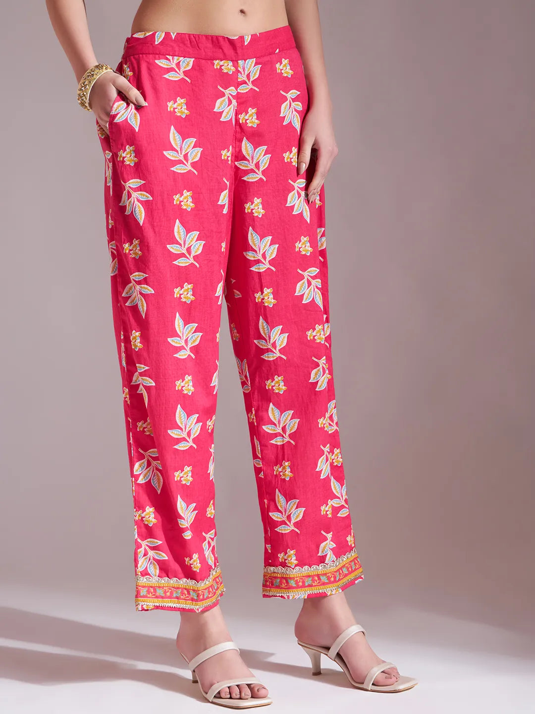 Pink Cotton Lace Work Kurta Set With Pant Dupatta