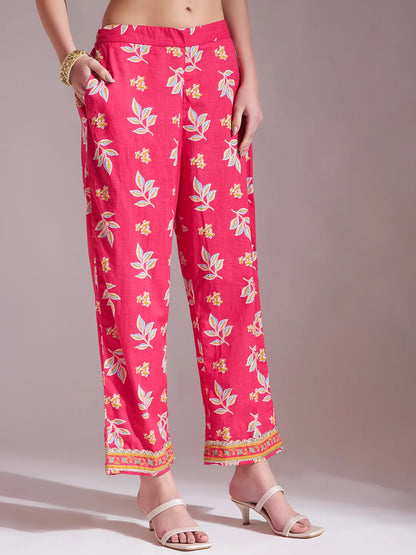 Pink Cotton Lace Work Kurta Set With Pant Dupatta