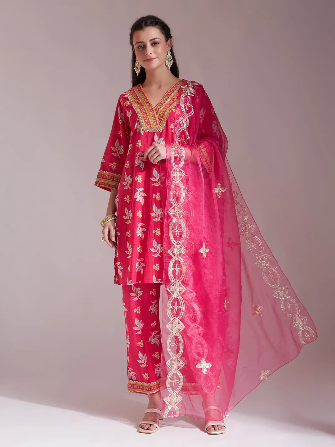 Pink Cotton Lace Work Kurta Set With Pant Dupatta