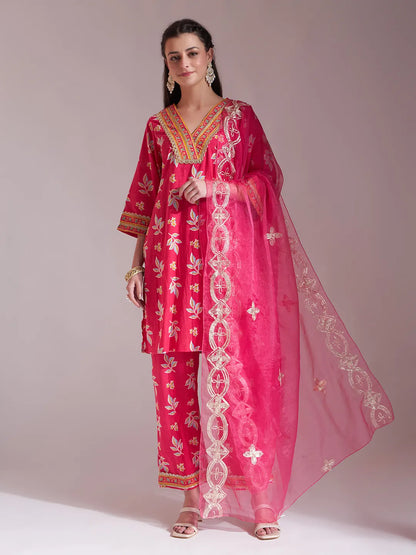 Pink Cotton Lace Work Kurta Set With Pant Dupatta