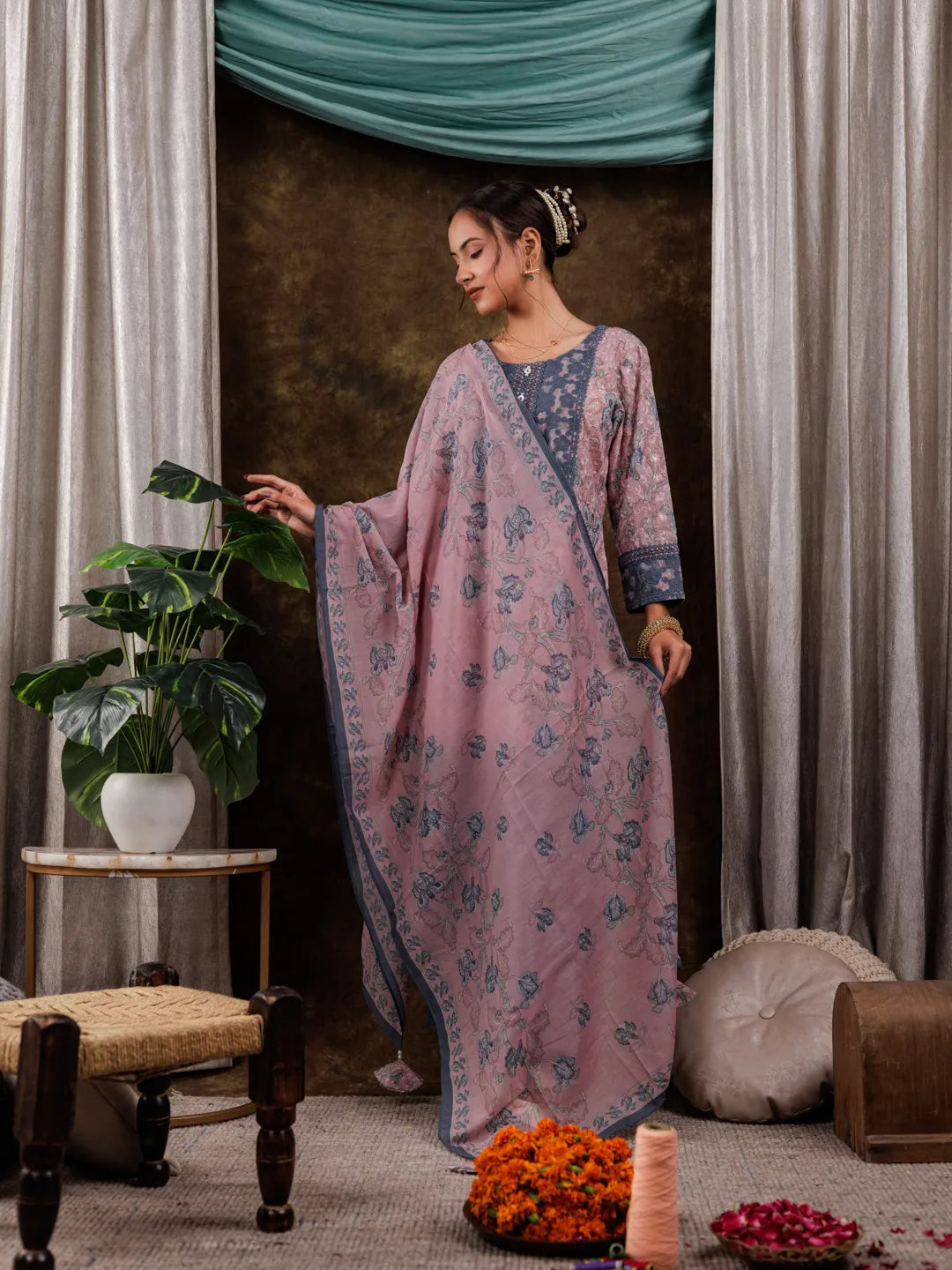 Pink Cotton Schiffli Floral Print Kurta Dupatta Set With Lace Detailing