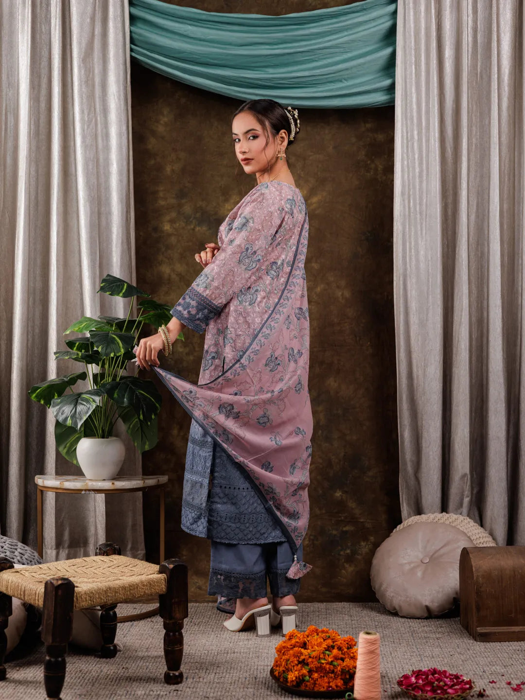 Pink Cotton Schiffli Floral Print Kurta Dupatta Set With Lace Detailing