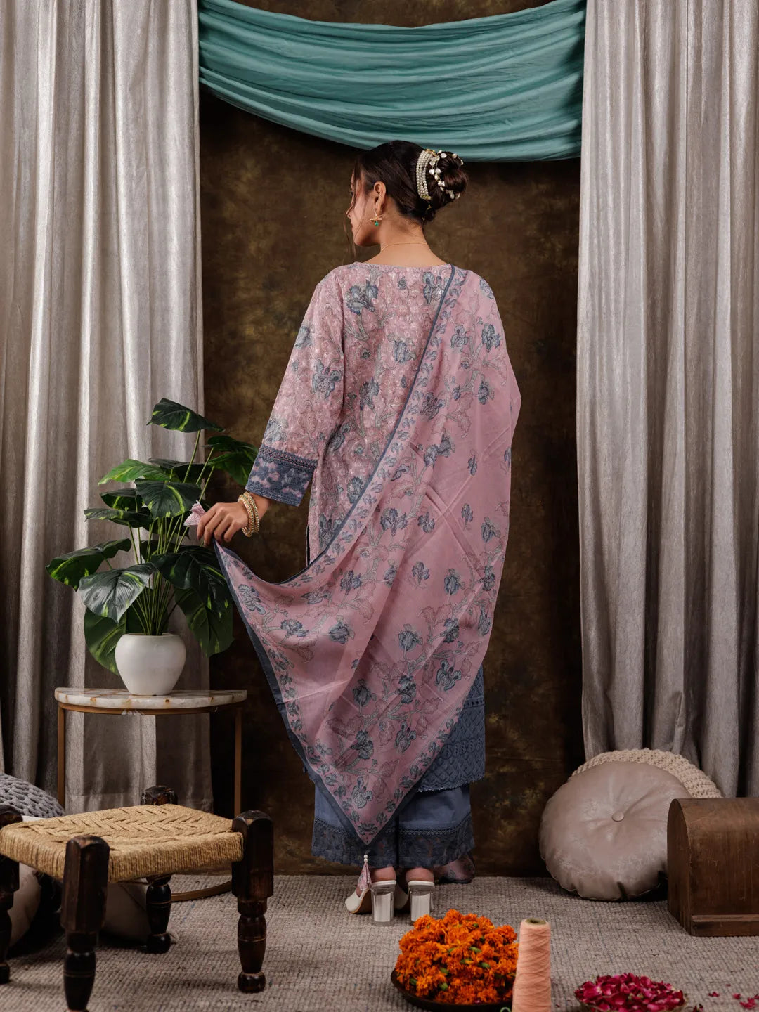 Pink Cotton Schiffli Floral Print Kurta Dupatta Set With Lace Detailing