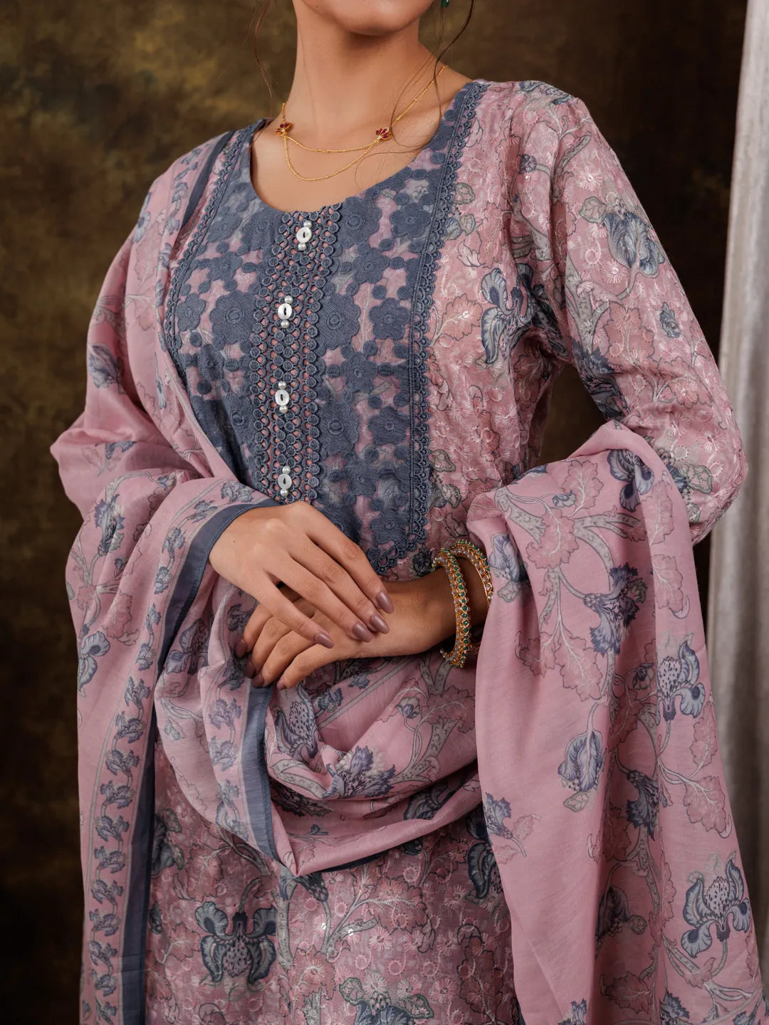 Pink Cotton Schiffli Floral Print Kurta Dupatta Set With Lace Detailing