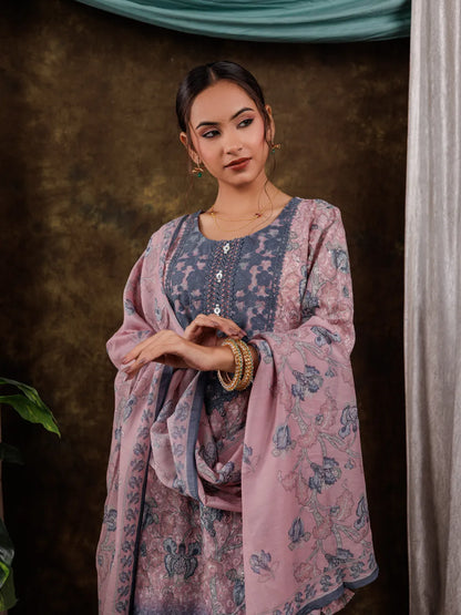 Pink Cotton Schiffli Floral Print Kurta Dupatta Set With Lace Detailing