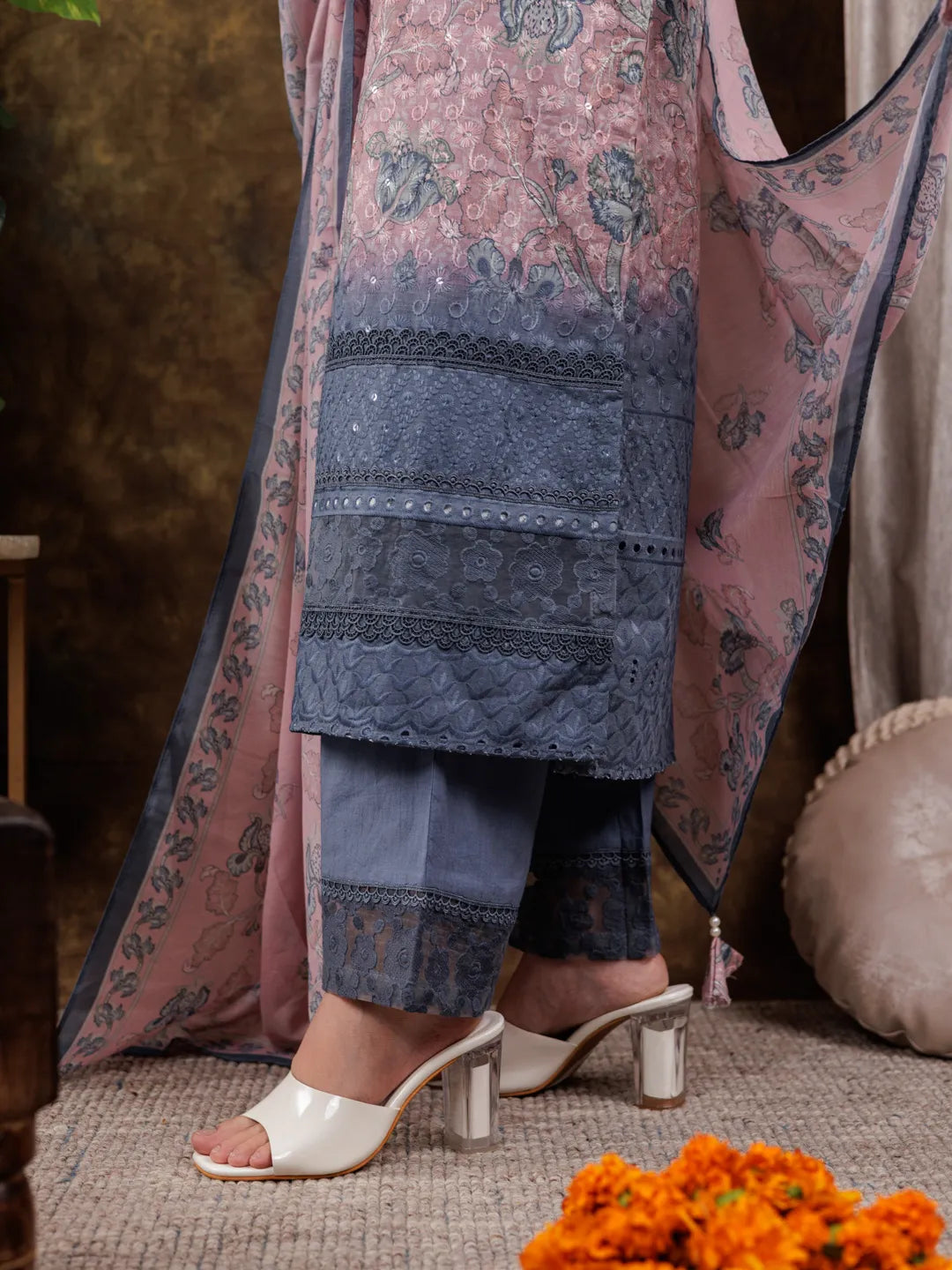Pink Cotton Schiffli Floral Print Kurta Dupatta Set With Lace Detailing