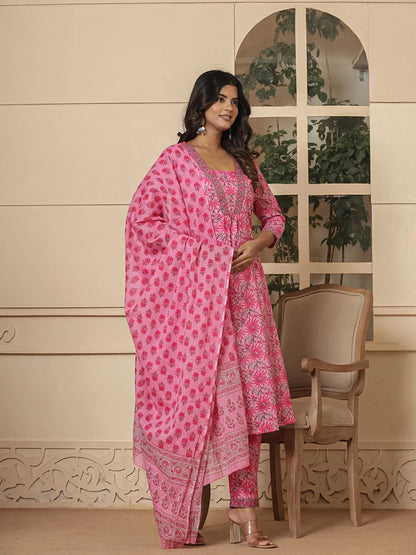 Pink Cotton Sequins Work Kurta Dupatta Set