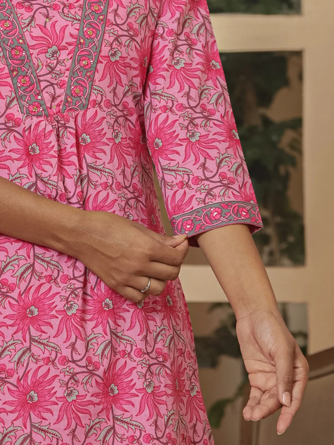 Pink Cotton Sequins Work Kurta Dupatta Set