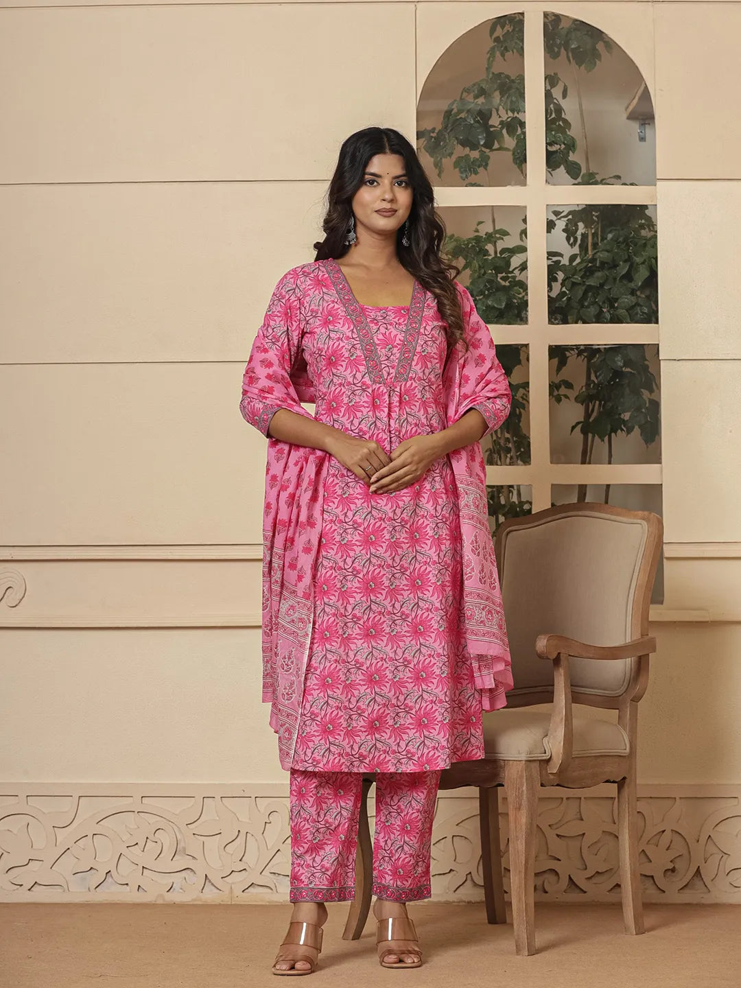 Pink Cotton Sequins Work Kurta Dupatta Set