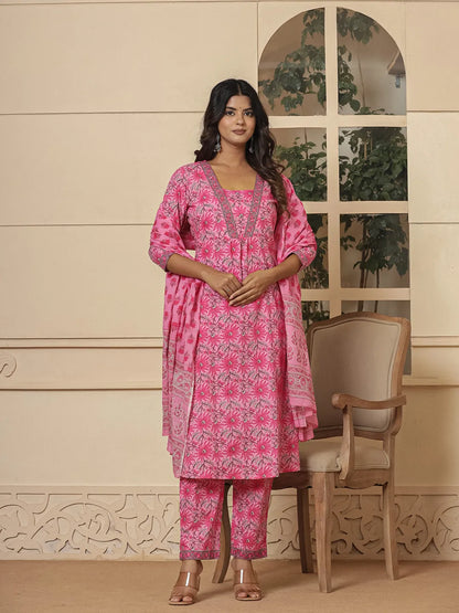 Pink Cotton Sequins Work Kurta Dupatta Set