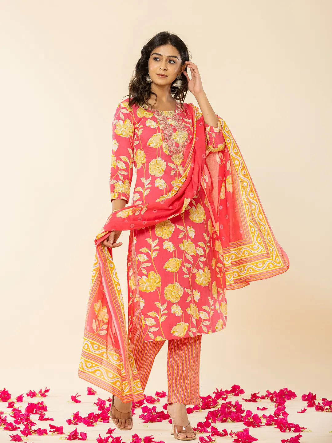 Pink Cotton Sequins Work Straight Kurta Dupatta Pant Set