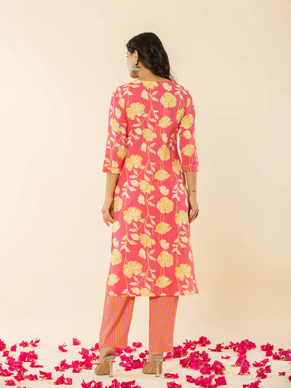 Pink Cotton Sequins Work Straight Kurta Dupatta Pant Set