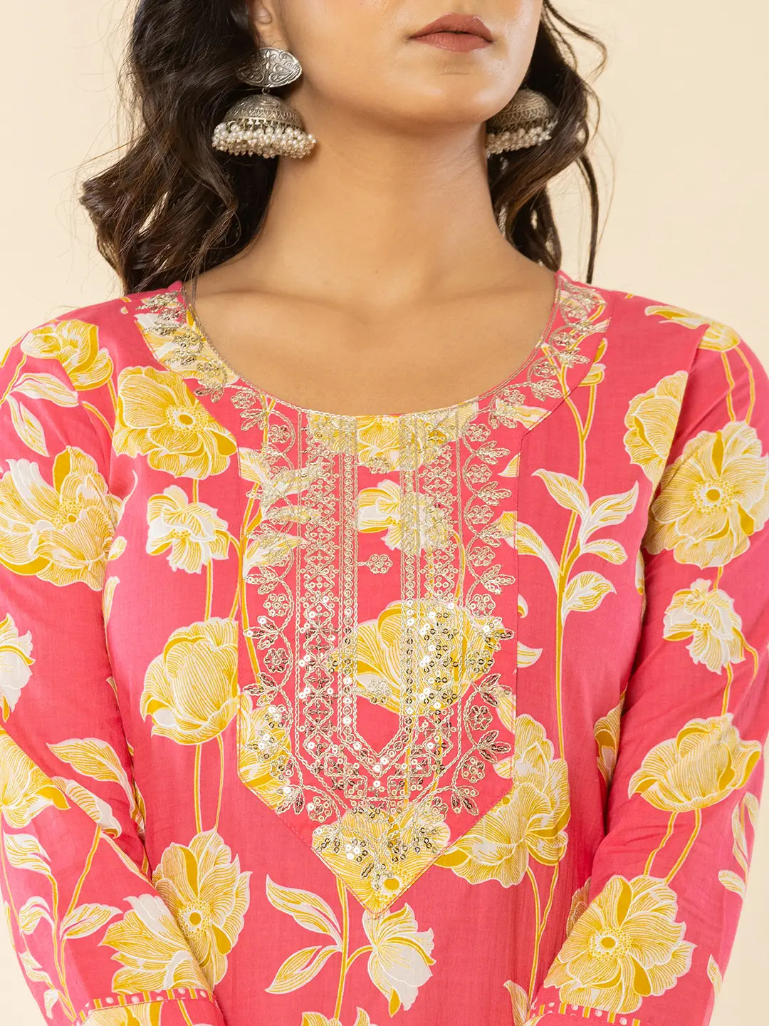Pink Cotton Sequins Work Straight Kurta Dupatta Pant Set