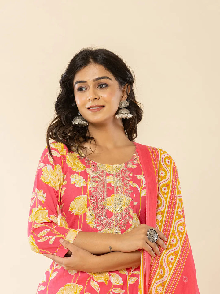 Pink Cotton Sequins Work Straight Kurta Dupatta Pant Set