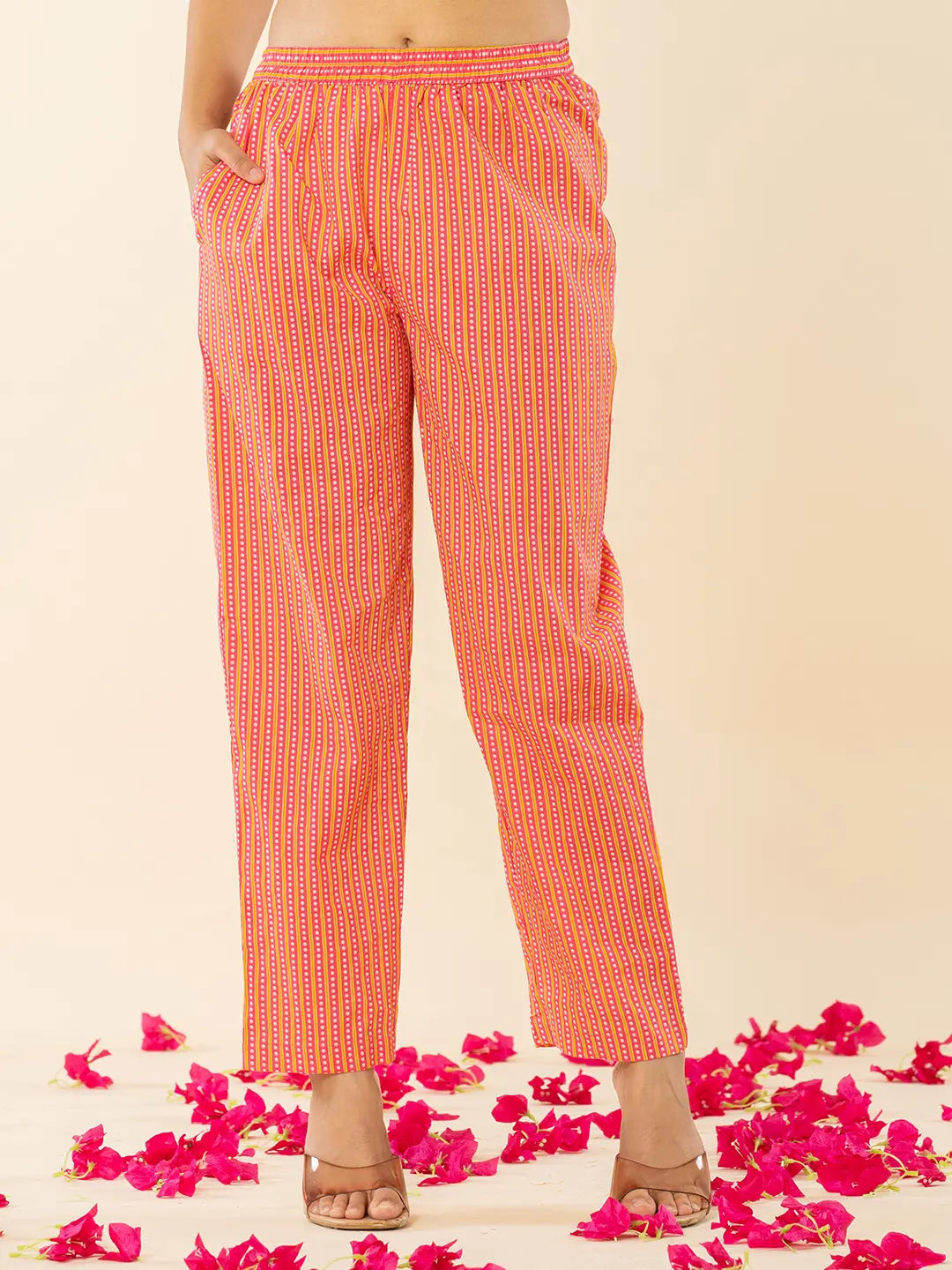 Pink Cotton Sequins Work Straight Kurta Dupatta Pant Set