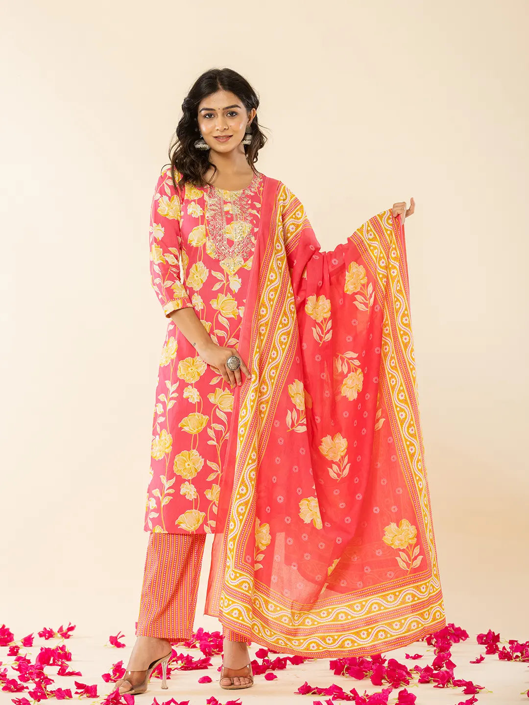 Pink Cotton Sequins Work Straight Kurta Dupatta Pant Set