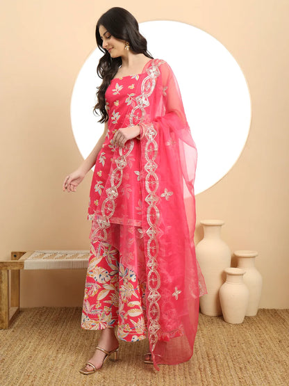 Pink Cotton Sleeveless Kurta Palazzo Dupatta Set