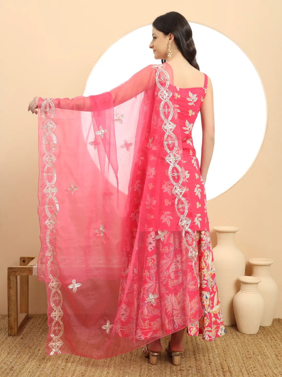 Pink Cotton Sleeveless Kurta Palazzo Dupatta Set