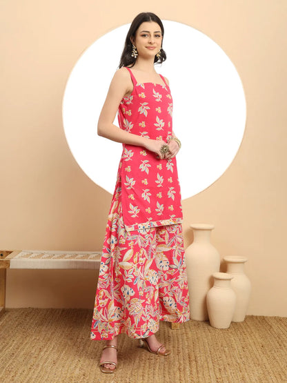 Pink Cotton Sleeveless Kurta Palazzo Dupatta Set