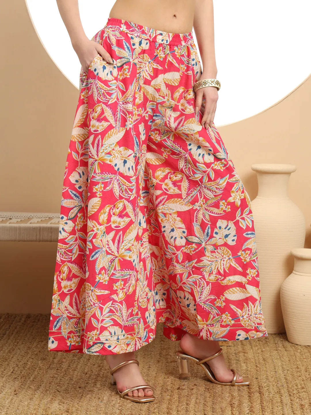 Pink Cotton Sleeveless Kurta Palazzo Dupatta Set