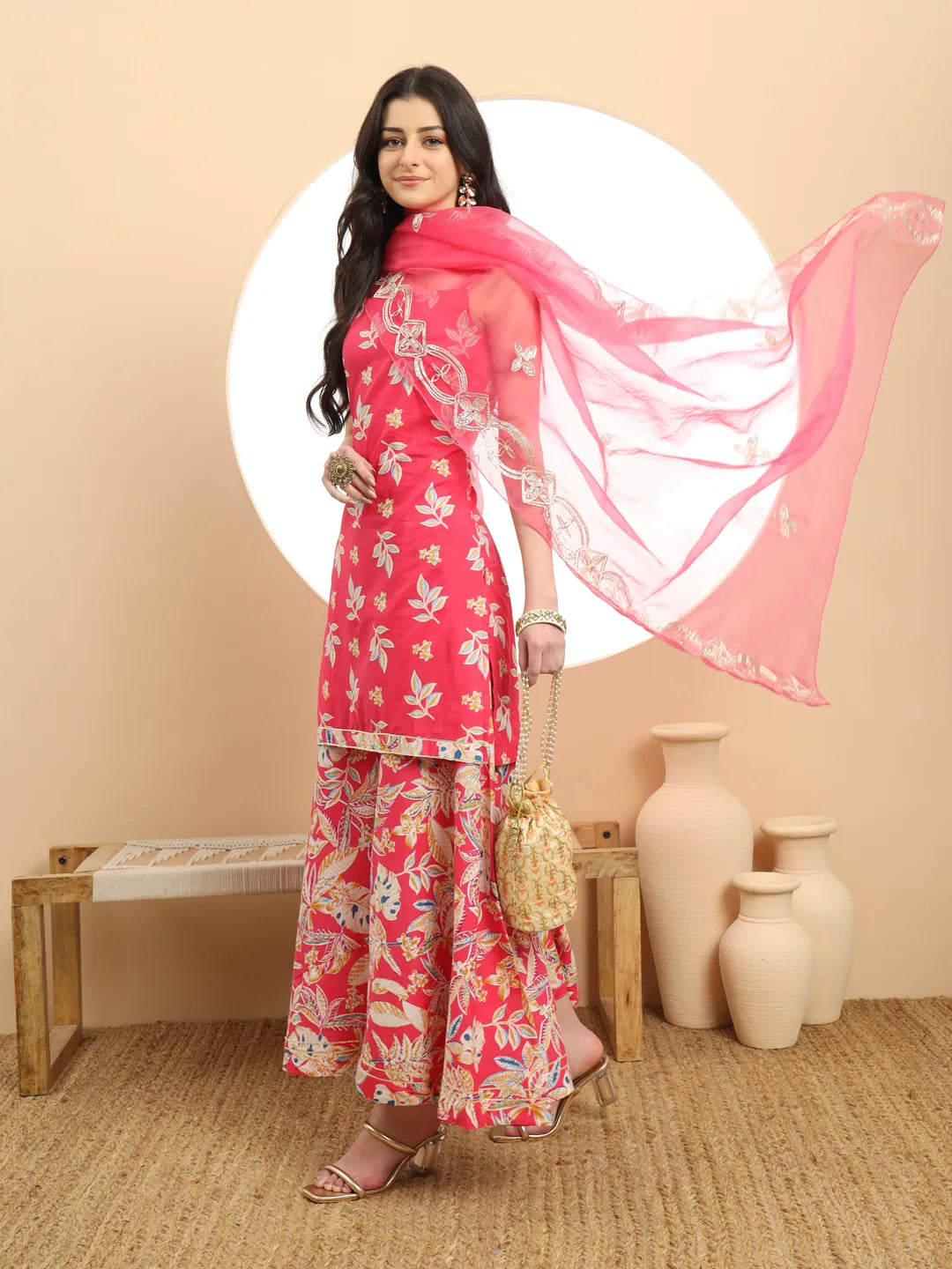Pink Cotton Sleeveless Kurta Palazzo Dupatta Set
