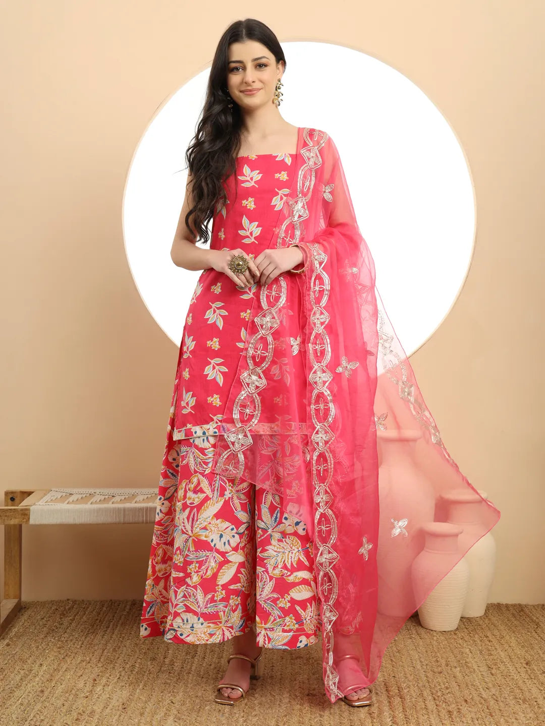 Pink Cotton Sleeveless Kurta Palazzo Dupatta Set