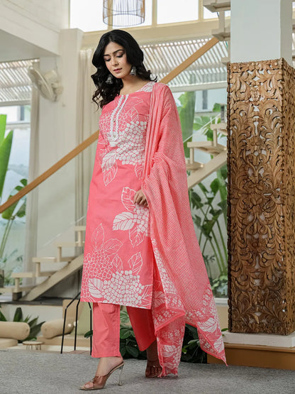 Pink Cotton Straight Lace Work Kurta Dupatta Set