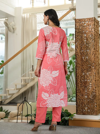 Pink Cotton Straight Lace Work Kurta Dupatta Set