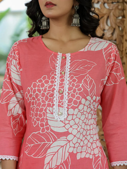 Pink Cotton Straight Lace Work Kurta Dupatta Set