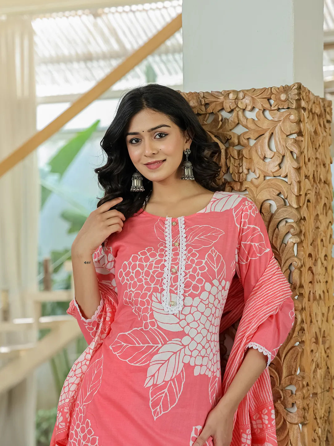 Pink Cotton Straight Lace Work Kurta Dupatta Set