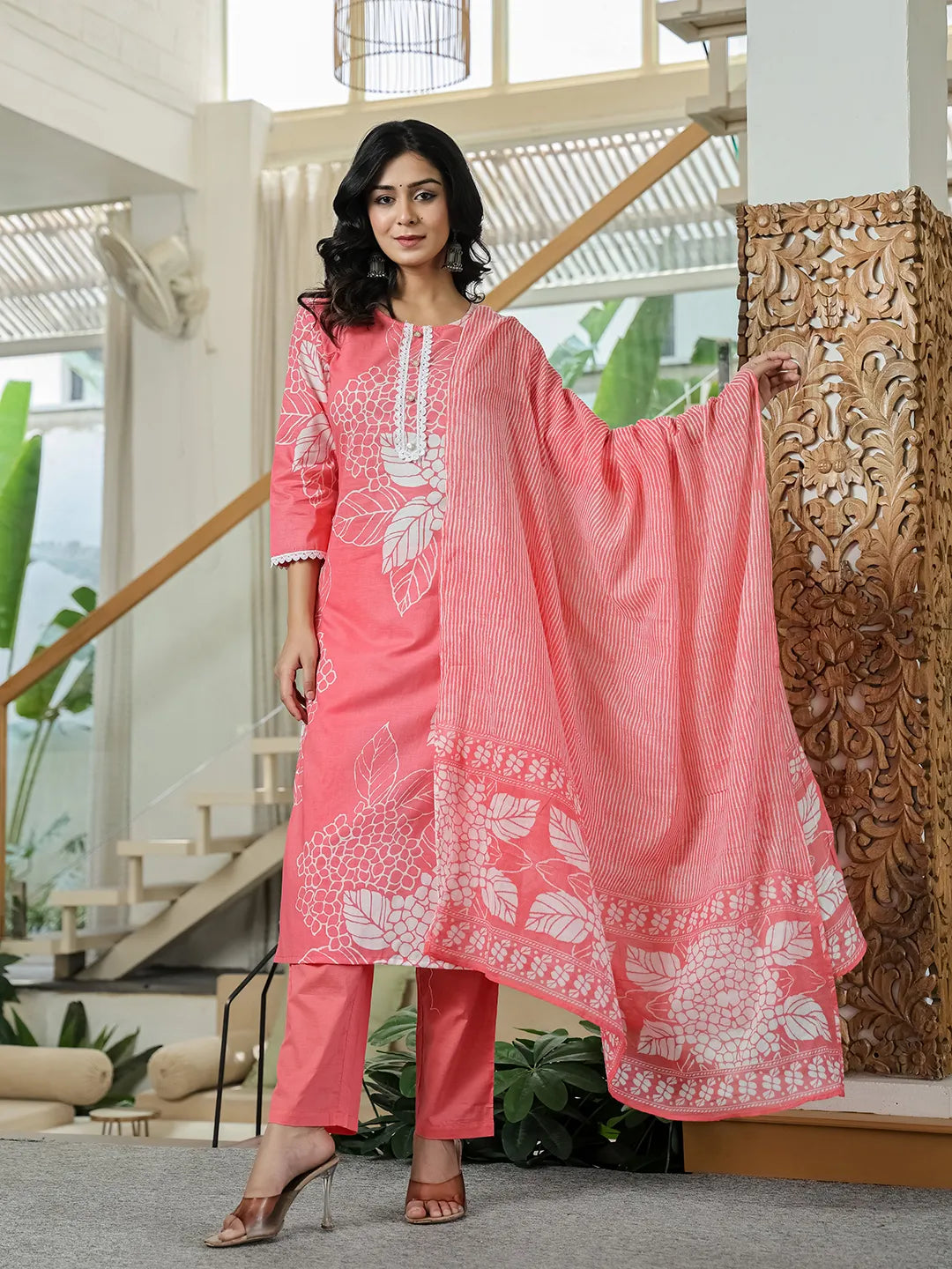 Pink Cotton Straight Lace Work Kurta Dupatta Set