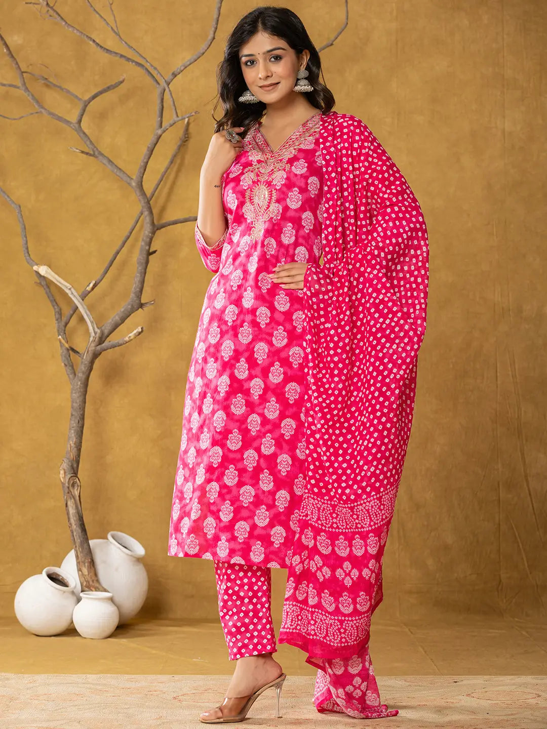 Pink Cotton Zari Work Straight Kurta Dupatta Set