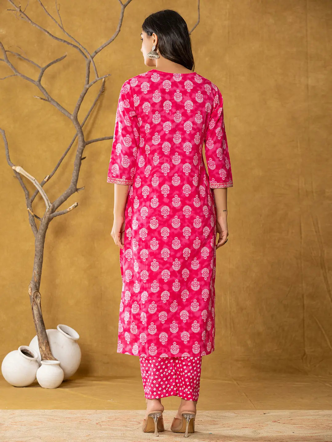 Pink Cotton Zari Work Straight Kurta Dupatta Set