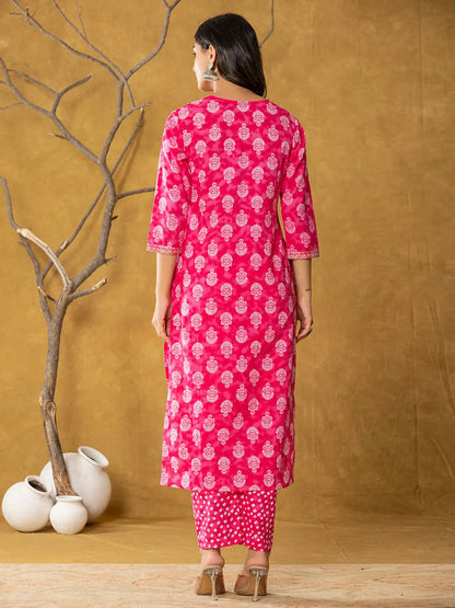 Pink Cotton Zari Work Straight Kurta Dupatta Set