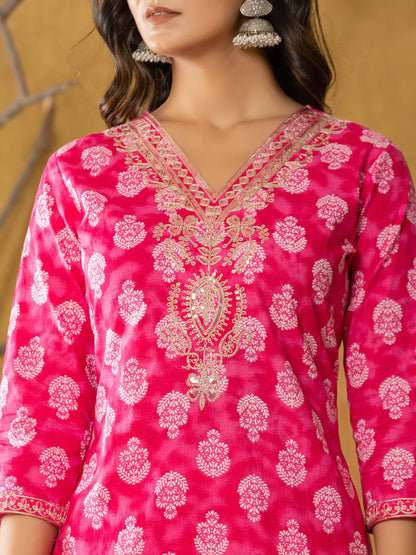 Pink Cotton Zari Work Straight Kurta Dupatta Set