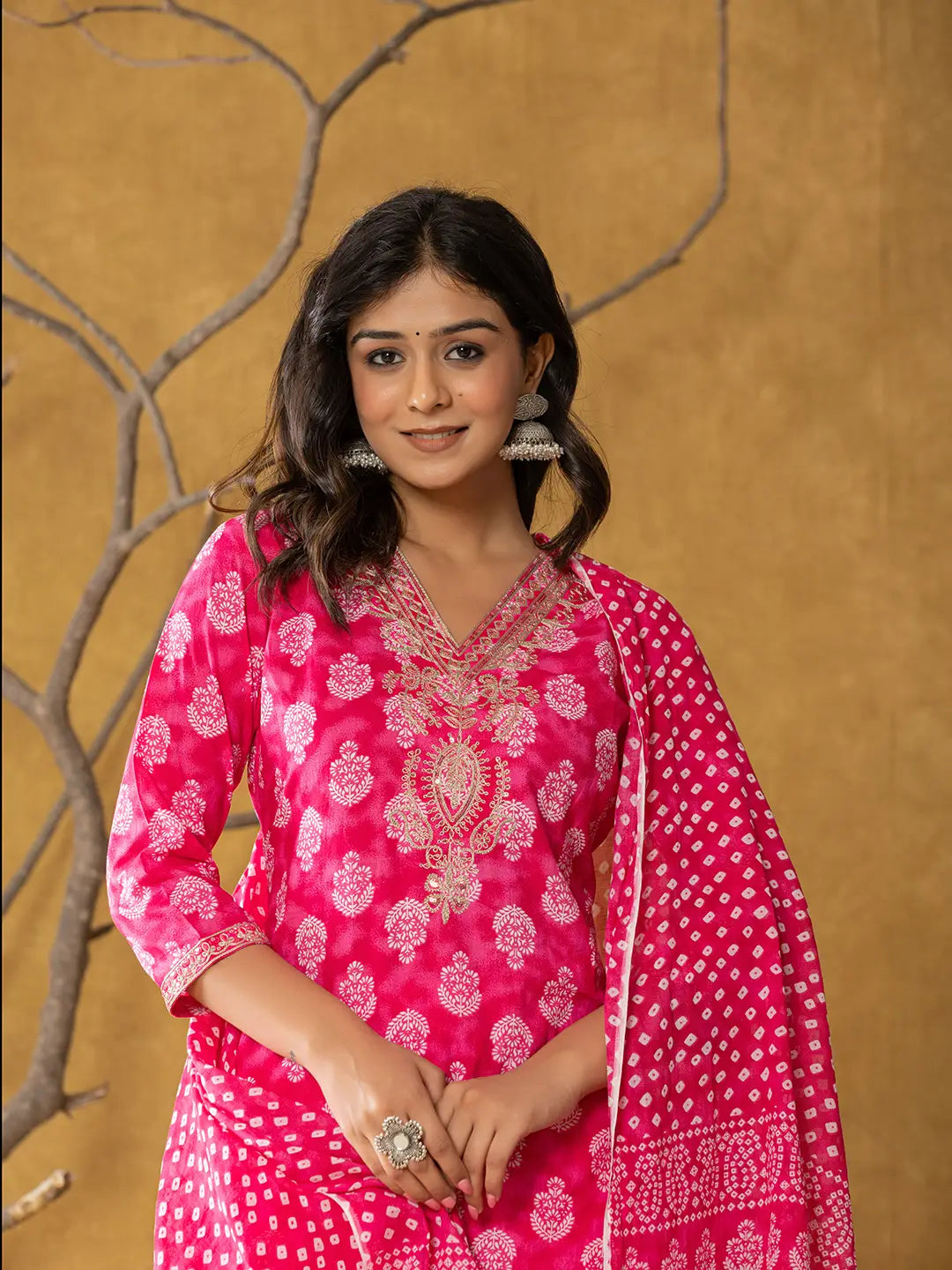 Pink Cotton Zari Work Straight Kurta Dupatta Set