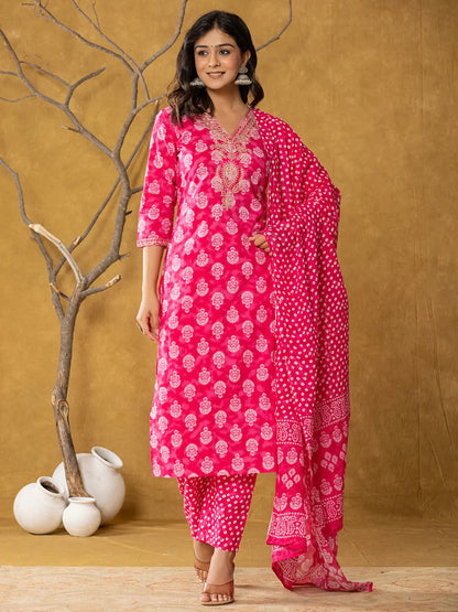 Pink Cotton Zari Work Straight Kurta Dupatta Set