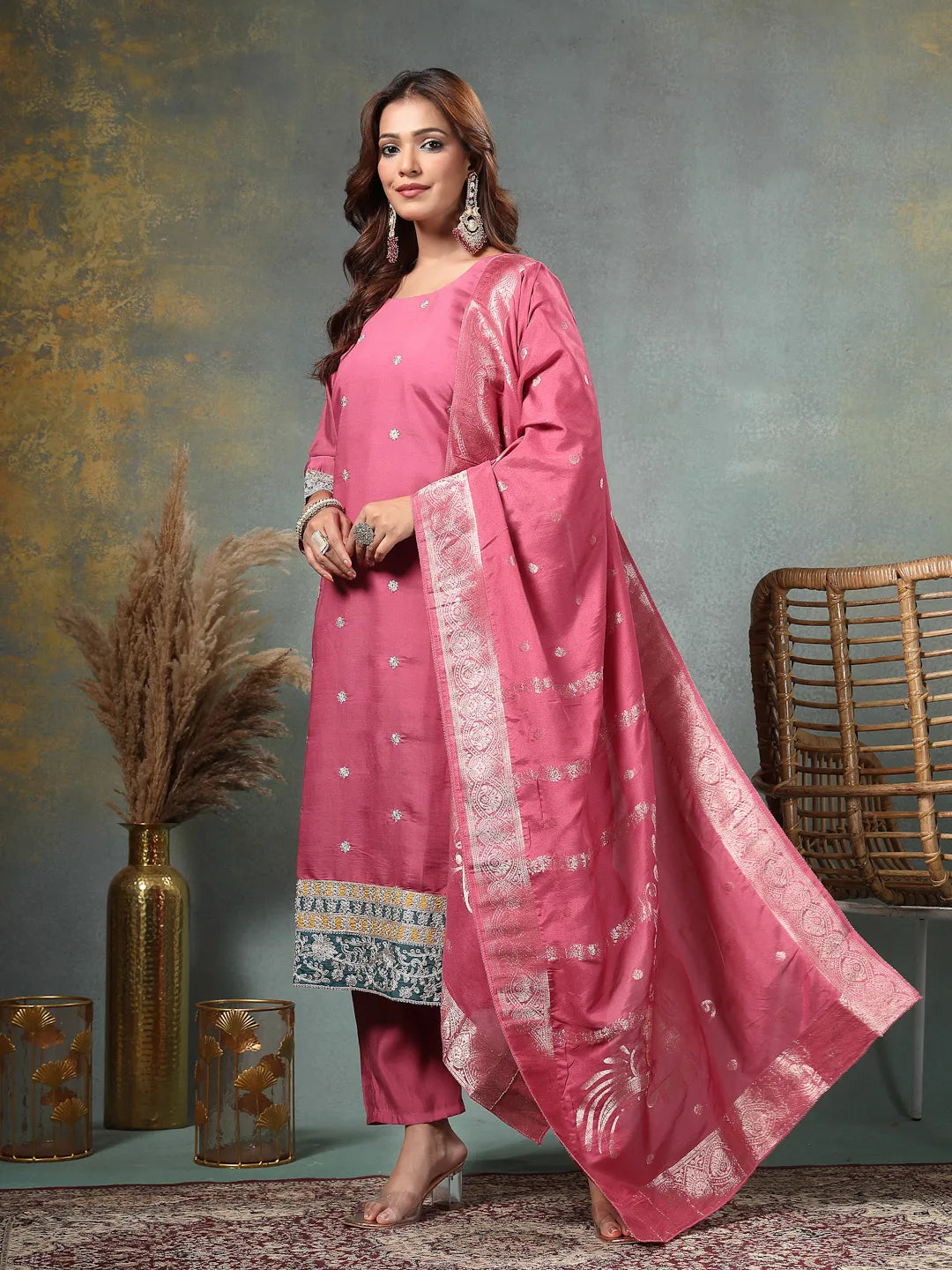 Pink Dori-Embroidery Straight Silk Blend Kurta Trouser Dupatta Set